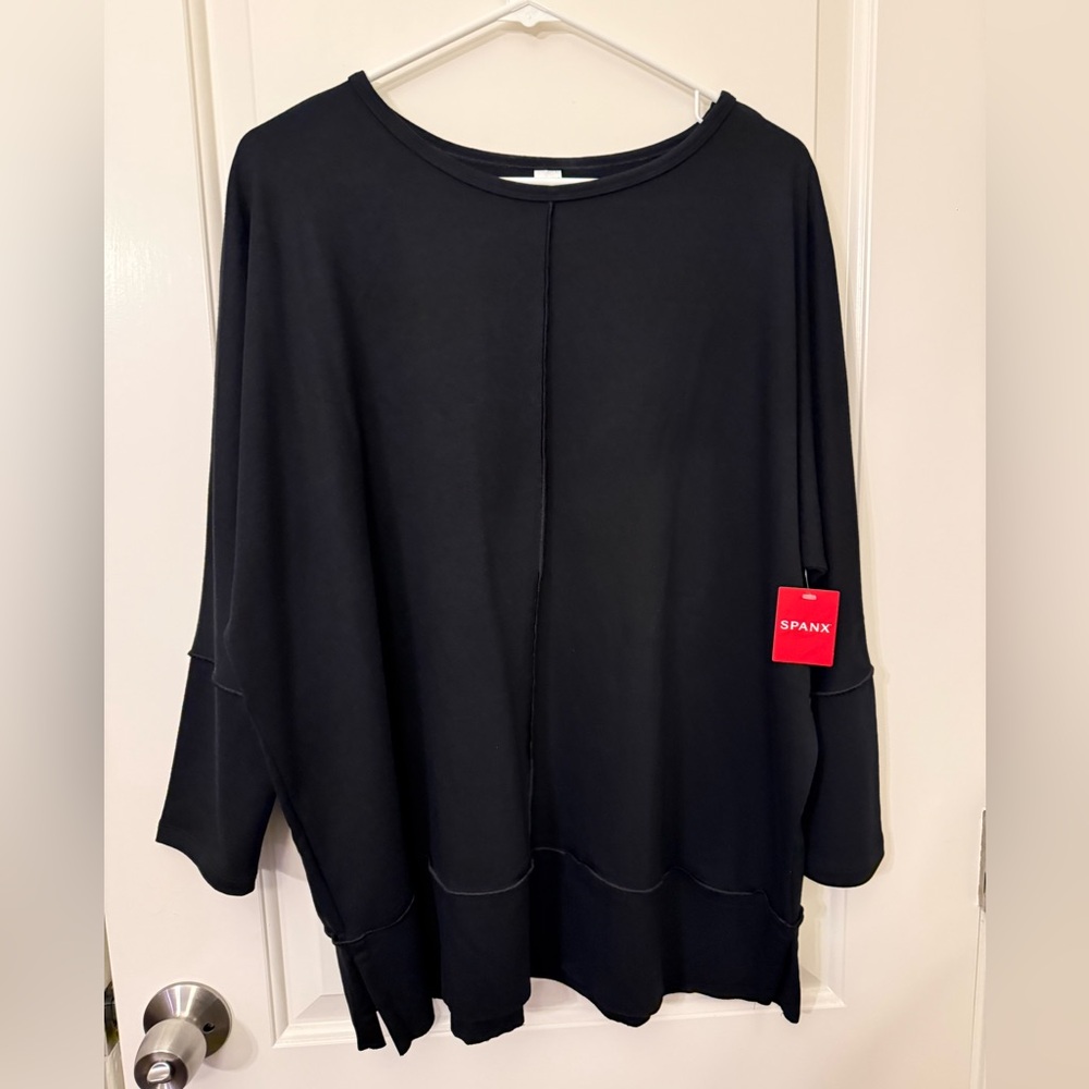 Spanx NWT Perfect Length Pullover Sweatshirt Dolman 3/4 Sleeve Black Size Large